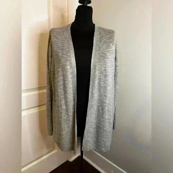 J. Jill‎ Women’s Petite Lg Linen Blend Heathered Grey Open Front Ribbed Cardigan - Picture 1 of 10